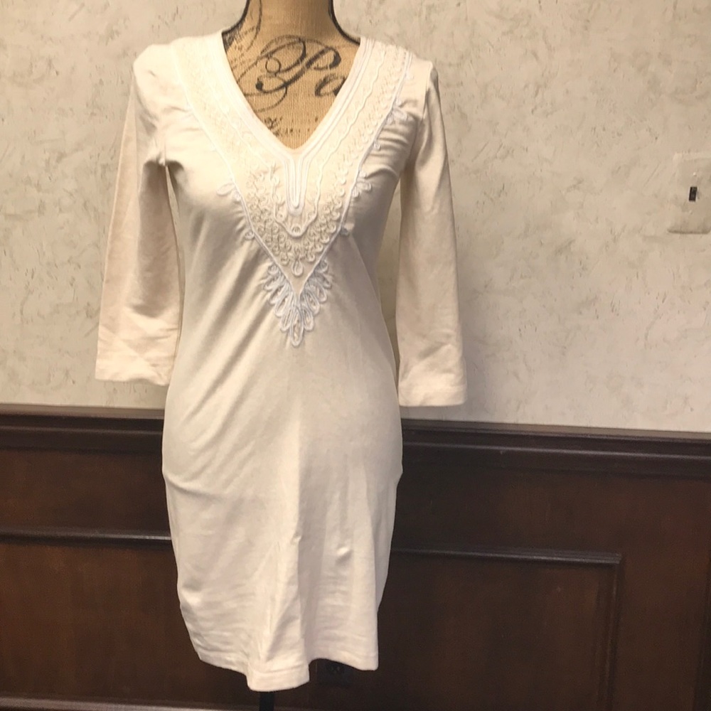 - Lily Pulitzer cream dress with embroidered detail perfect for knee high boots